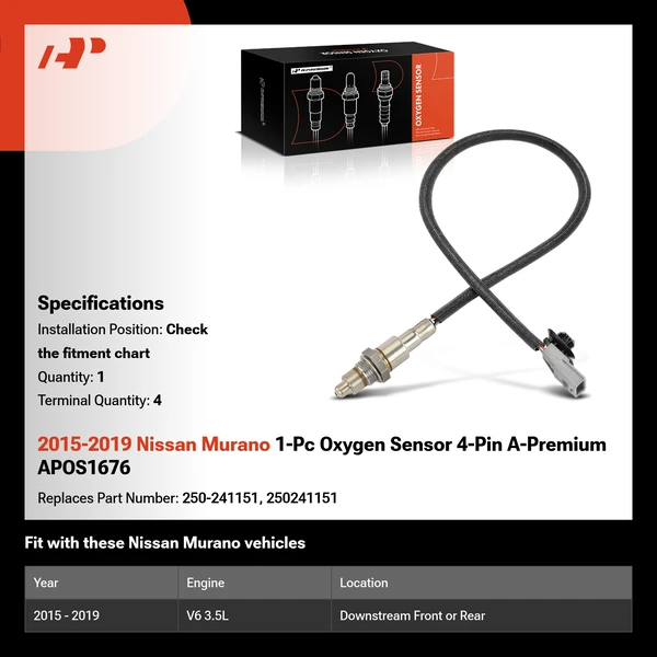 2015-2019 Nissan Murano 1-Pc Oxygen Sensor 4-Pin A-Premium APOS1676