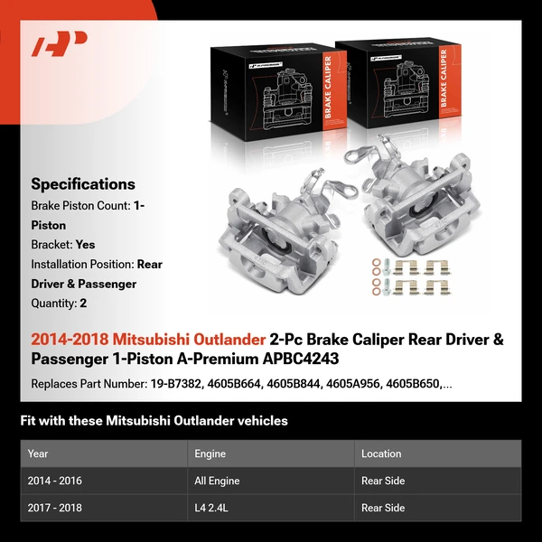 2014-2018 Mitsubishi Outlander 2-Pc Brake Caliper Rear Driver & Passenger 1-Piston A-Premium APBC4243
