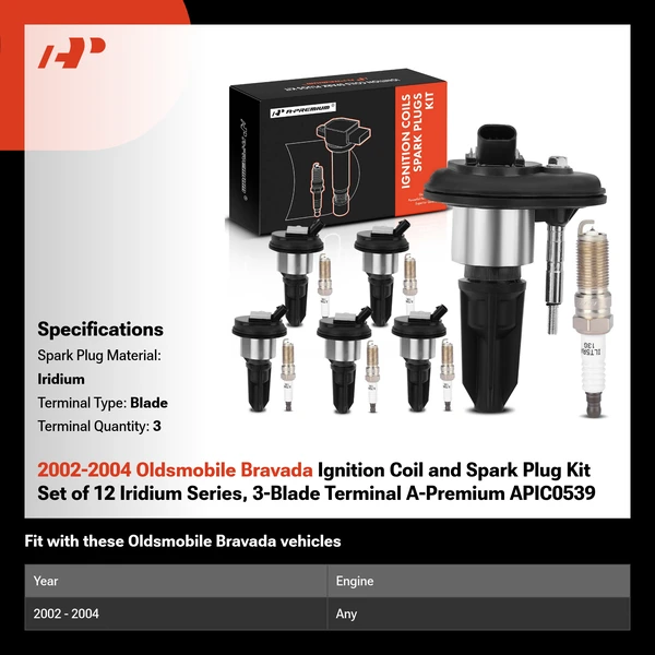 2002-2004 Oldsmobile Bravada Ignition Coil and Spark Plug Kit Set of 12 Iridium Series, 3-Blade Terminal A-Premium APIC0539