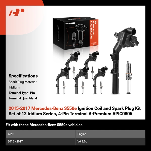 2015-2017 Mercedes-Benz S550e Ignition Coil and Spark Plug Kit Set of 12 Iridium Series, 4-Pin Terminal A-Premium APIC0805