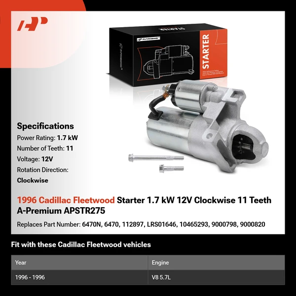 1996 Cadillac Fleetwood Starter 1.7 kW 12V Clockwise 11 Teeth A-Premium APSTR275