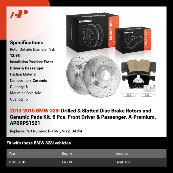 2013-2015 BMW 328i Drilled & Slotted Disc Brake Rotors and Ceramic Pads Kit, 6 Pcs, Front Driver & Passenger, A-Premium, APBRPS1521