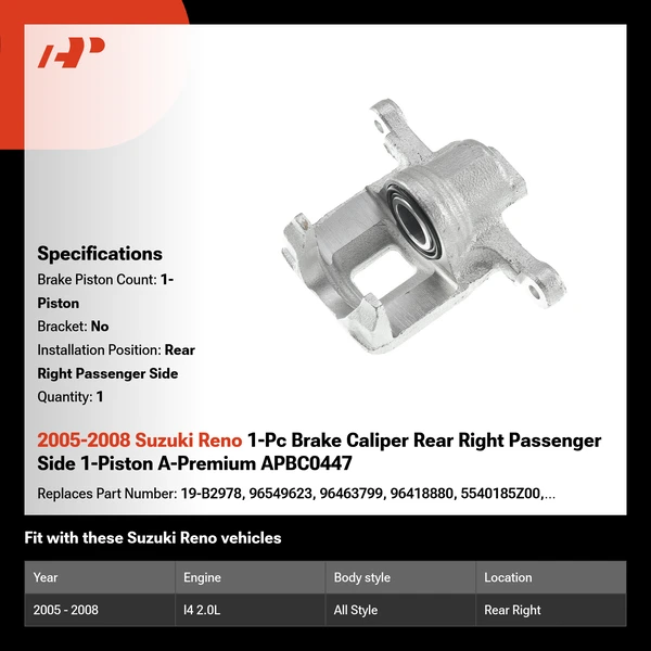 2005-2008 Suzuki Reno 1-Pc Brake Caliper Rear Right Passenger Side 1-Piston A-Premium APBC0447