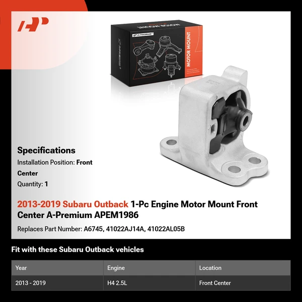 2013-2019 Subaru Outback 1-Pc Engine Motor Mount Front Center A-Premium APEM1986