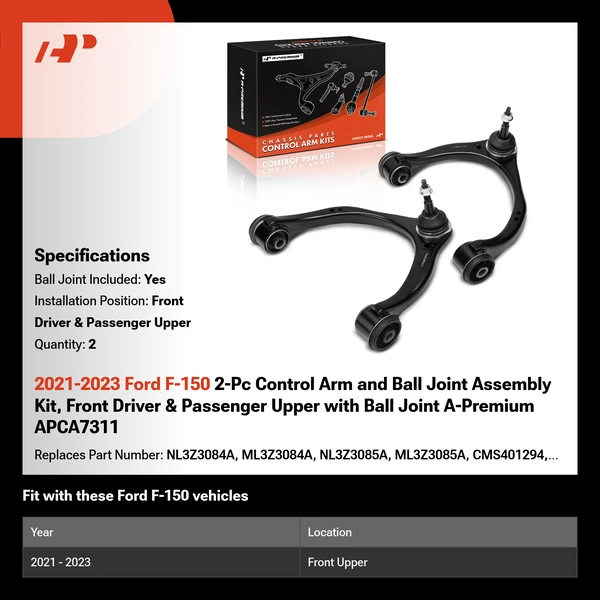 2021-2023 Ford F-150 2-Pc Control Arm and Ball Joint Assembly Kit, Front Driver & Passenger Upper with Ball Joint A-Premium APCA7311