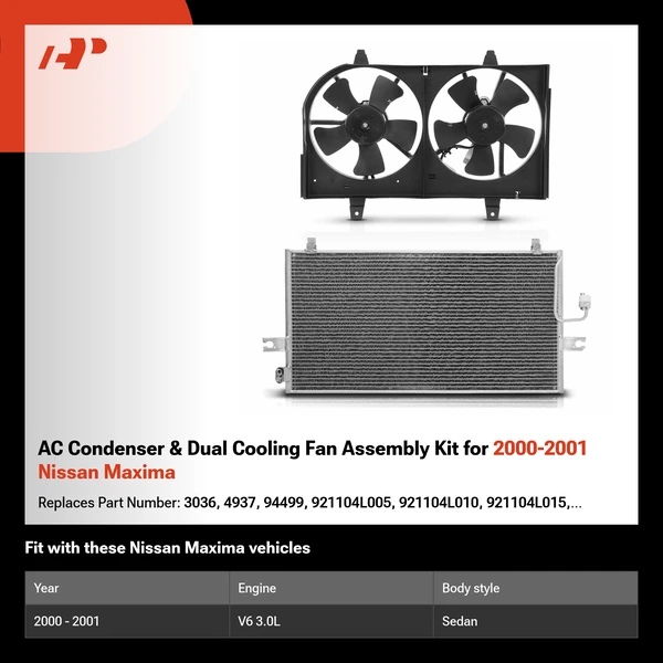 AC Condenser & Dual Cooling Fan Assembly Kit for 2000-2001 Nissan Maxima