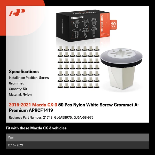 2016-2021 Mazda CX-3 50 Pcs Nylon White Screw Grommet A-Premium APRCF1419