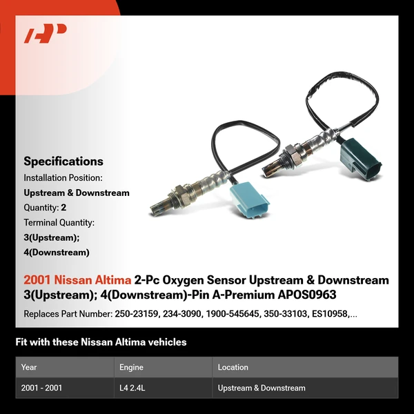 2001 Nissan Altima 2-Pc Oxygen Sensor Upstream & Downstream 3(Upstream); 4(Downstream)-Pin A-Premium APOS0963