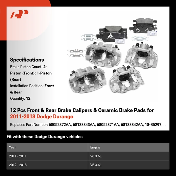12 Pcs Front & Rear Brake Calipers & Ceramic Brake Pads for 2011-2018 Dodge Durango