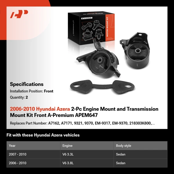 2006-2010 Hyundai Azera 2-Pc Engine Mount and Transmission Mount Kit Front A-Premium APEM647