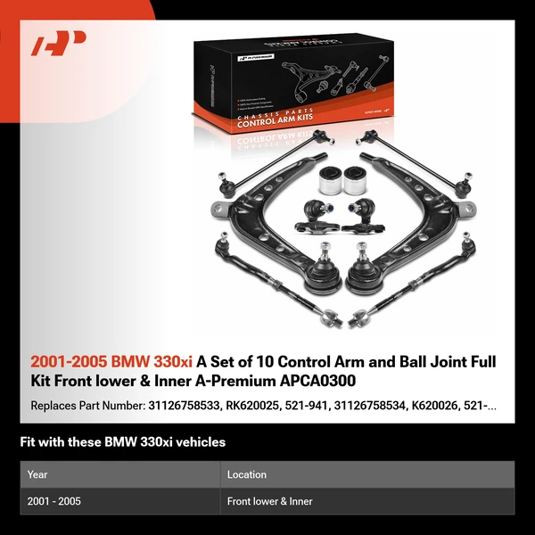 2001-2005 BMW 330xi A Set of 10 Control Arm and Ball Joint Full Kit Front lower & Inner A-Premium APCA0300