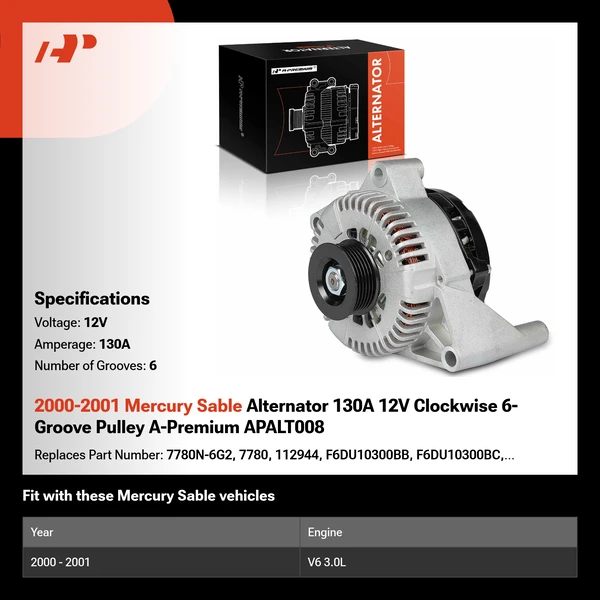 2000-2001 Mercury Sable Alternator 130A 12V Clockwise 6-Groove Pulley A-Premium APALT008