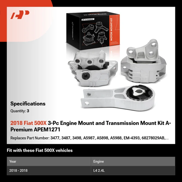 2018 Fiat 500X 3-Pc Engine Mount and Transmission Mount Kit A-Premium APEM1271