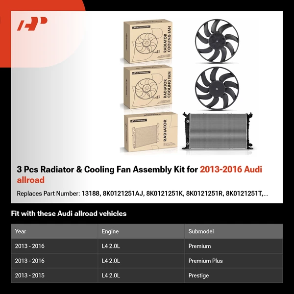 3 Pcs Radiator & Cooling Fan Assembly Kit for 2013-2016 Audi allroad