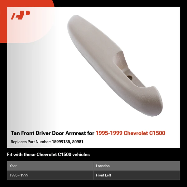 Tan Front Driver Door Armrest for 1995-1999 Chevrolet C1500