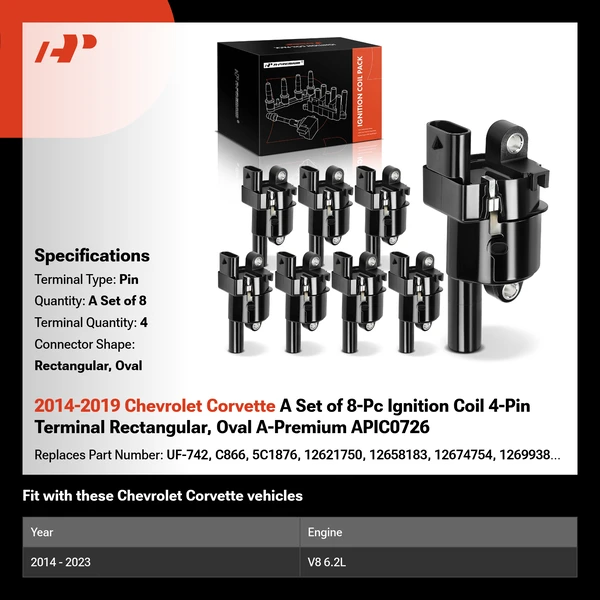 2014-2019 Chevrolet Corvette A Set of 8-Pc Ignition Coil 4-Pin Terminal Rectangular, Oval A-Premium APIC0726
