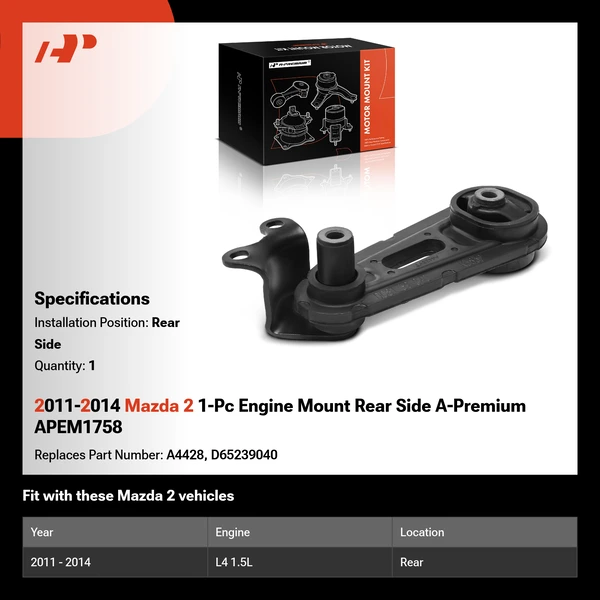 2011-2014 Mazda 2 1-Pc Engine Mount Rear A-Premium APEM1758