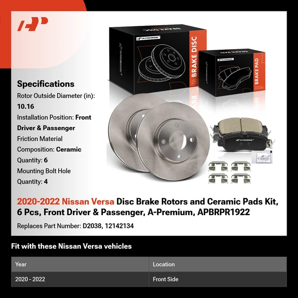 2020-2022 Nissan Versa Disc Brake Rotors and Ceramic Pads Kit, 6 Pcs, Front Driver & Passenger, A-Premium, APBRPR1922