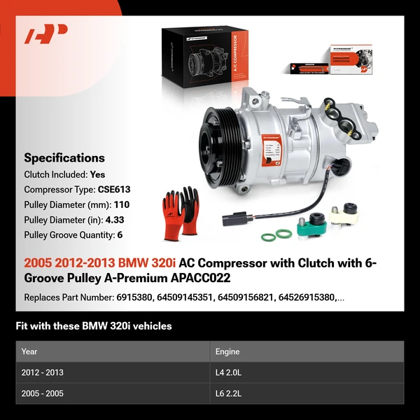 2005 2012-2013 BMW 320i AC Compressor with Clutch with 6-Groove Pulley A-Premium APACC022