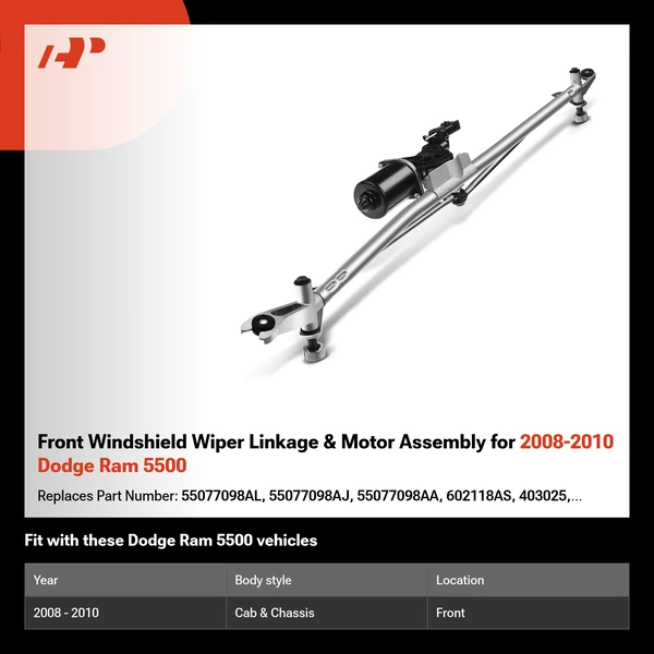 Front Windshield Wiper Linkage & Motor Assembly for 2008-2010 Dodge Ram 5500
