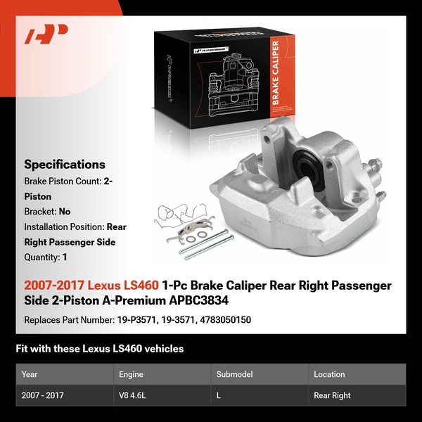 2007-2017 Lexus LS460 1-Pc Brake Caliper Rear Right Passenger Side 2-Piston A-Premium APBC3834