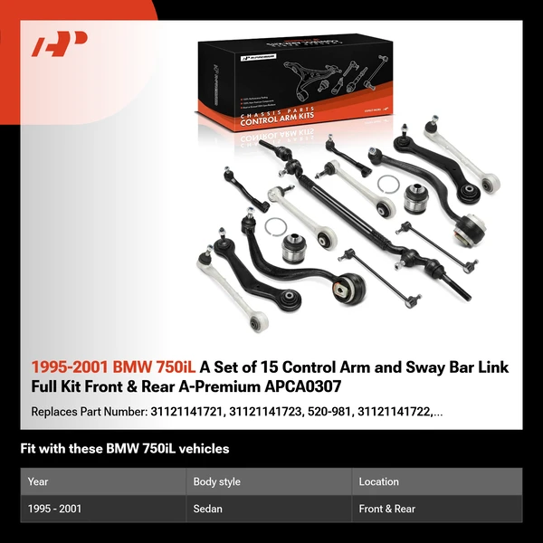 1995-2001 BMW 750iL A Set of 15 Control Arm and Sway Bar Link Full Kit Front & Rear A-Premium APCA0307