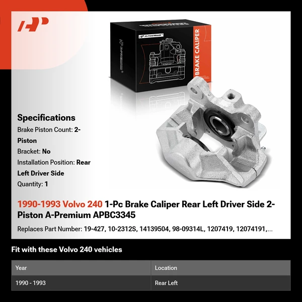 1990-1993 Volvo 240 1-Pc Brake Caliper Rear Left Driver Side 2-Piston A-Premium APBC3345