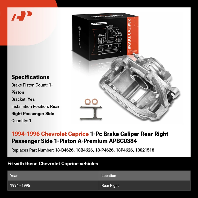 1994-1996 Chevrolet Caprice 1-Pc Brake Caliper Rear Right Passenger Side 1-Piston A-Premium APBC0384
