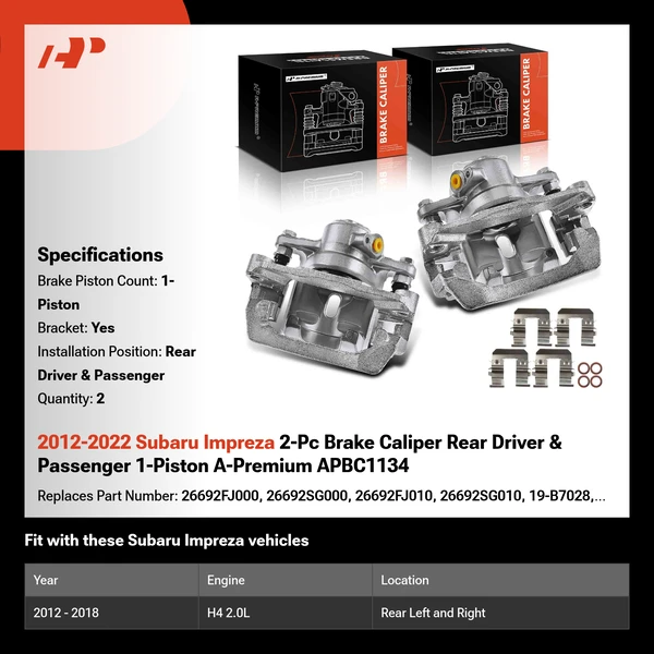 2012-2022 Subaru Impreza 2-Pc Brake Caliper Rear Driver & Passenger 1-Piston A-Premium APBC1134