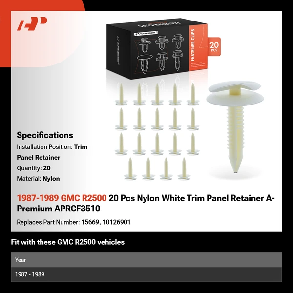 1987-1989 GMC R2500 20 Pcs Nylon White Trim Panel Retainer A-Premium APRCF3510