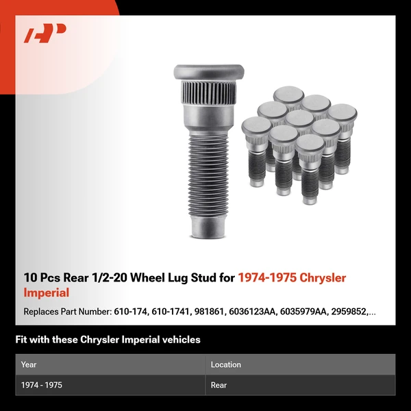 10 Pcs Rear 1/2-20 Wheel Lug Stud for 1974-1975 Chrysler Imperial