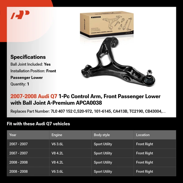 2007-2008 Audi Q7 1-Pc Control Arm, Front Passenger Lower with Ball Joint A-Premium APCA0038