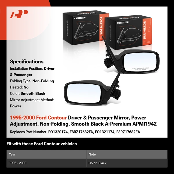 1995-2000 Ford Contour Driver & Passenger Mirror, Power Adjustment, Non-Folding, Smooth Black A-Premium APMI1942