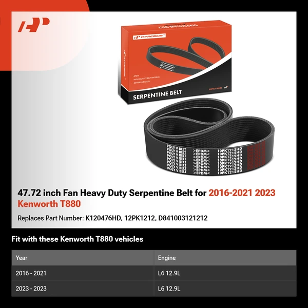 47.72 inch Fan Heavy Duty Serpentine Belt for 2016-2021 2023 Kenworth T880