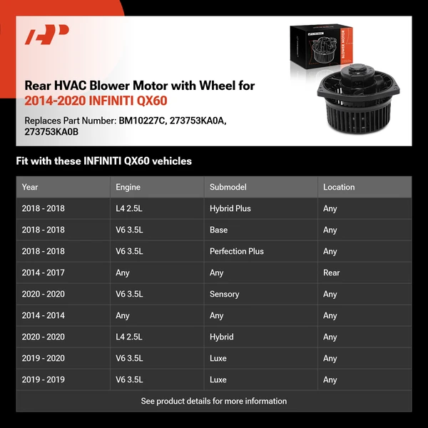 Rear HVAC Blower Motor with Wheel for 2014-2020 INFINITI QX60