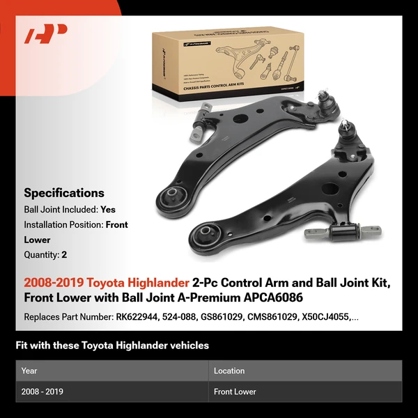 2008-2019 Toyota Highlander 2-Pc Control Arm and Ball Joint Kit, Front Lower with Ball Joint A-Premium APCA6086