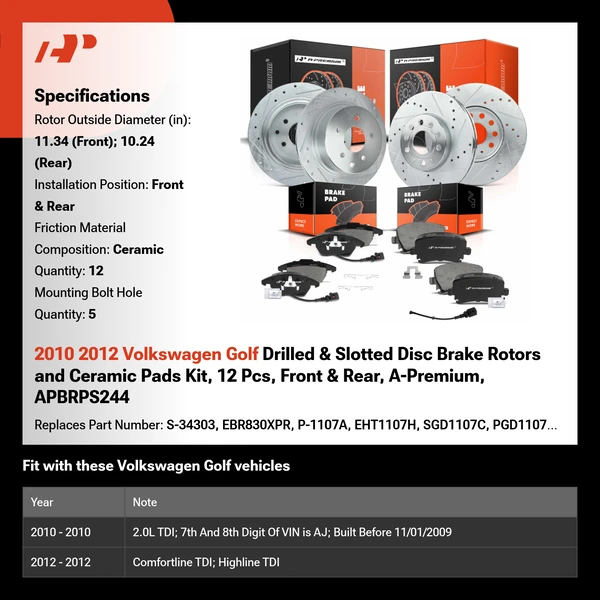 2010 2012 Volkswagen Golf Drilled & Slotted Disc Brake Rotors and Ceramic Pads Kit, 12 Pcs, Front & Rear, A-Premium, APBRPS244