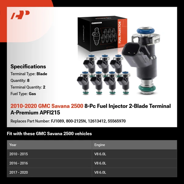 2010-2020 GMC Savana 2500 8-Pc Fuel Injector 2-Blade Terminal A-Premium APFI215