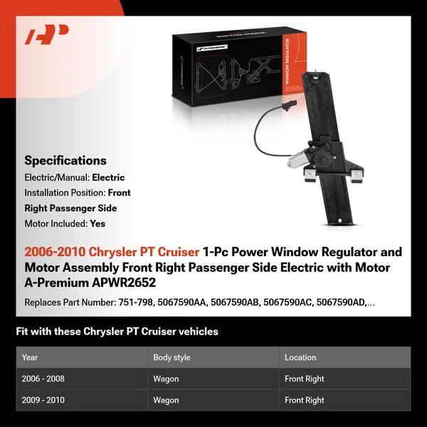2006-2010 Chrysler PT Cruiser 1-Pc Power Window Regulator and Motor Assembly Front Right Passenger Side Electric with Motor A-Premium APWR2652