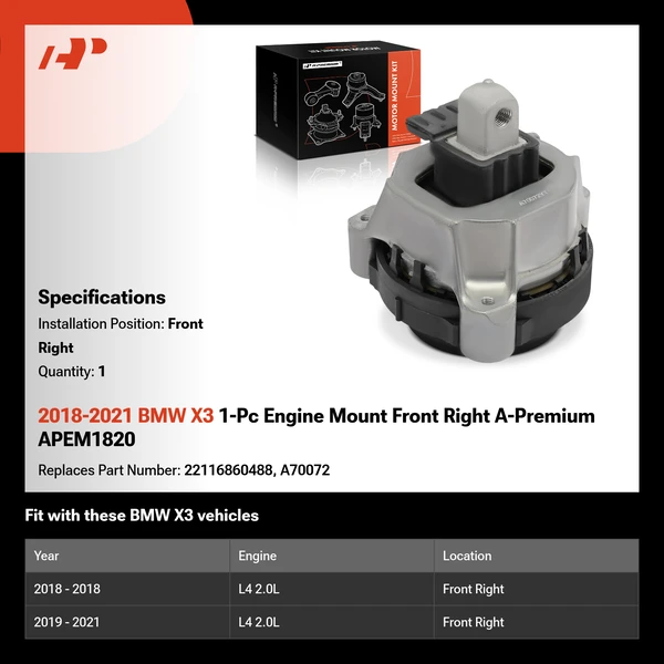 2018-2021 BMW X3 1-Pc Engine Mount Front Right A-Premium APEM1820