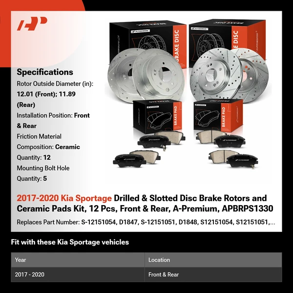 2017-2020 Kia Sportage Drilled & Slotted Disc Brake Rotors and Ceramic Pads Kit, 12 Pcs, Front & Rear, A-Premium, APBRPS1330