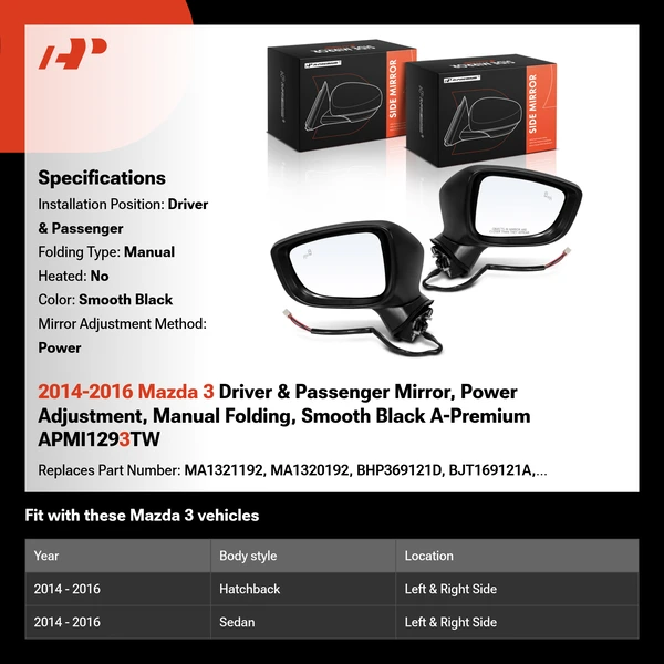 2014-2016 Mazda 3 Driver & Passenger Mirror, Power Adjustment, Manual Folding, Smooth Black A-Premium APMI1293TW