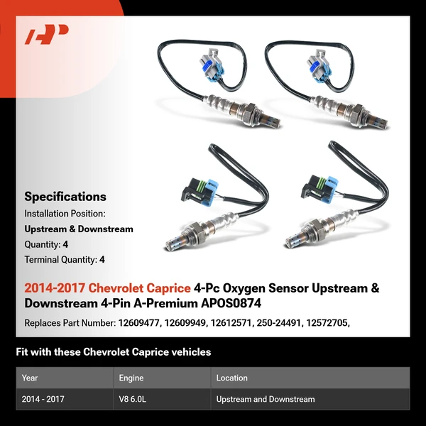2014-2017 Chevrolet Caprice 4-Pc Oxygen Sensor Upstream & Downstream 4-Pin A-Premium APOS0874