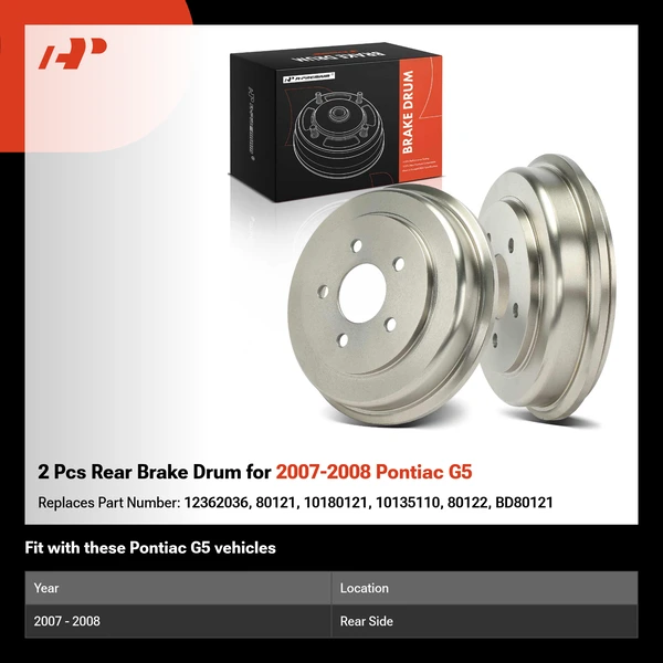 2 Pcs Rear Brake Drum for 2007-2008 Pontiac G5