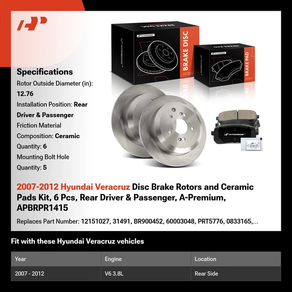 2007-2012 Hyundai Veracruz Disc Brake Rotors and Ceramic Pads Kit, 6 Pcs, Rear Driver & Passenger, A-Premium, APBRPR1415