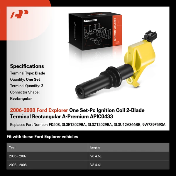 2006-2008 Ford Explorer One Set-Pc Ignition Coil 2-Blade Terminal Rectangular A-Premium APIC0433