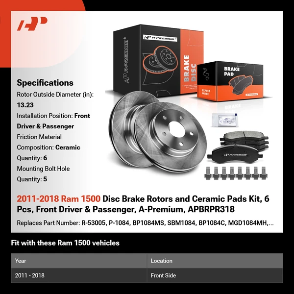 2011-2018 Ram 1500 Disc Brake Rotors and Ceramic Pads Kit, 6 Pcs, Front Driver & Passenger, A-Premium, APBRPR318