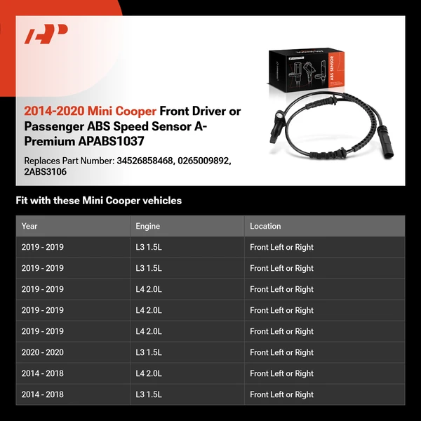 2014-2020 Mini Cooper Front Driver or Passenger ABS Speed Sensor A-Premium APABS1037