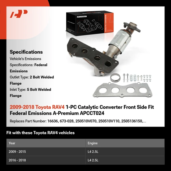 2009-2018 Toyota RAV4 1-PC Catalytic Converter Front Side Fit Federal Emissions A-Premium APCCT024
