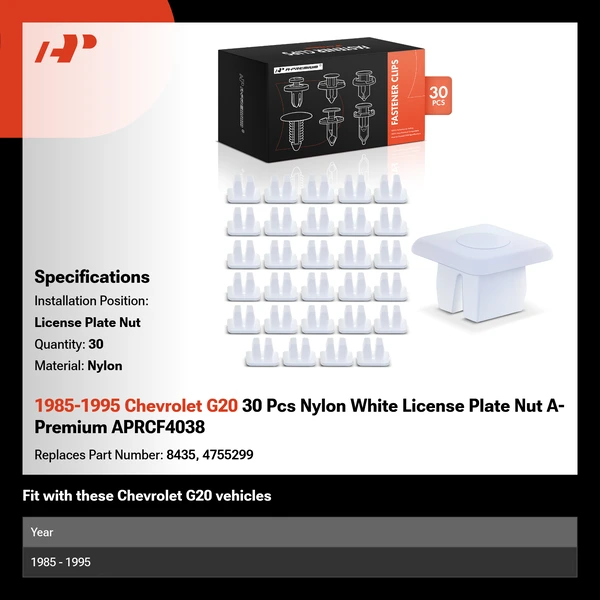 1985-1995 Chevrolet G20 30 Pcs Nylon White License Plate Nut A-Premium APRCF4038